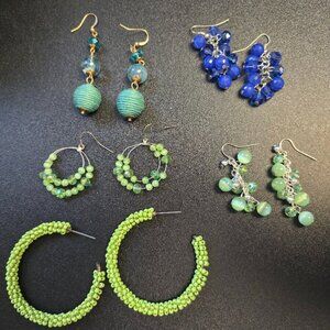 Hand Beaded Earrings in Blue and Green, 5 pair